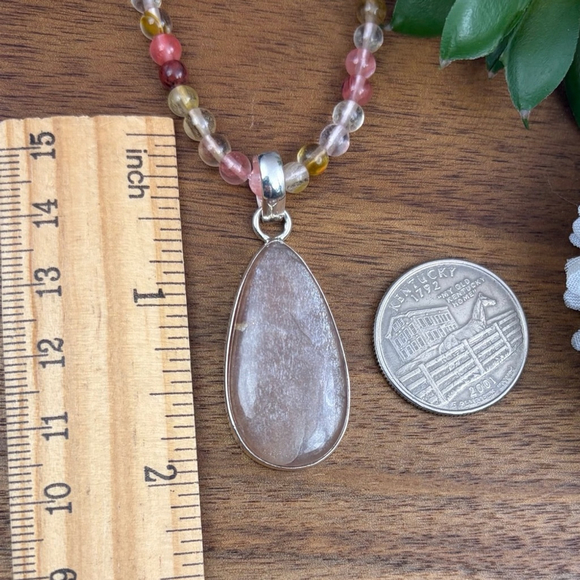 Sterling Silver 925 Peach Moonstone Pendant Cherry Quartz Necklace New - Picture 8 of 11